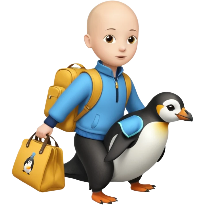 Una persona, vestida con ropa característica de peru sin pelo montado a espaldas de un pingüino con una bolsa de la empresa de reparto glovo en la espalda emoji