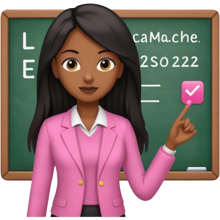 a brown skin teacher with hair with black straight long hair wearing pink not hot pink 2 piece set teaching up on a board the board says Ms. jade emoji