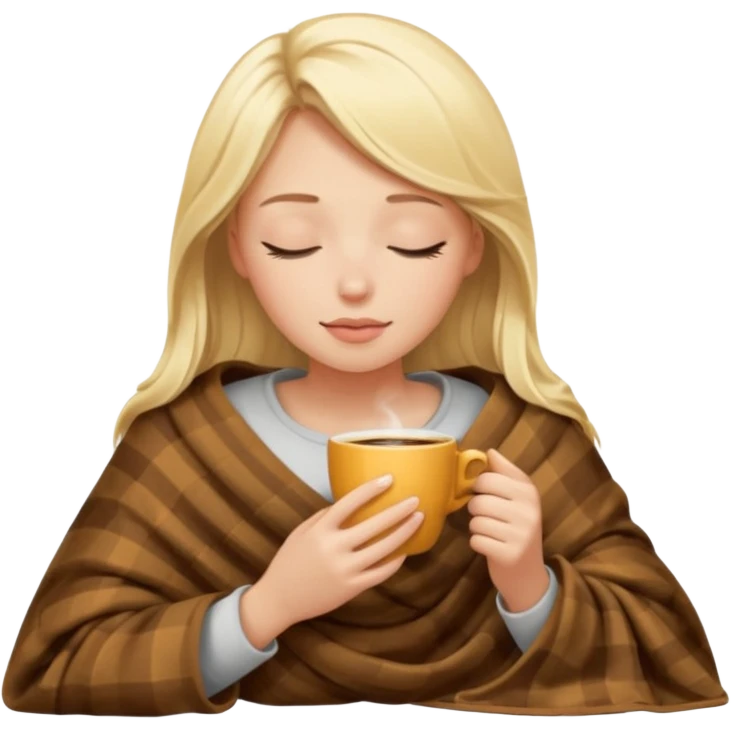 Blonde girl inside a blanket sipping coffee eyes closed emoji