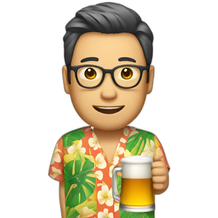 A Japanese man holding a beer and wearing an aloha shirt and glasses emoji