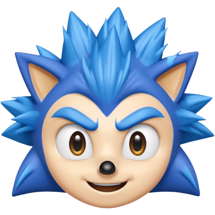 Sonic the Hedgehog face close-up, blue spiky hair, big eyes, smiling emoji