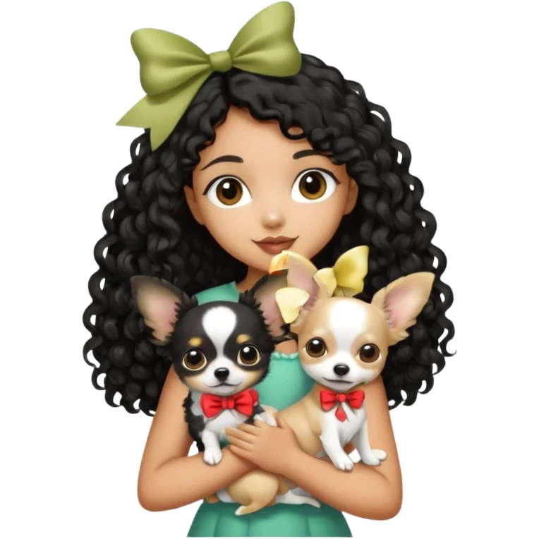 a girl light to medium tan skin with olive skin tone Long black curly hair cut butterfly carrying a white chihuahua dog with a cute ribbon emoji