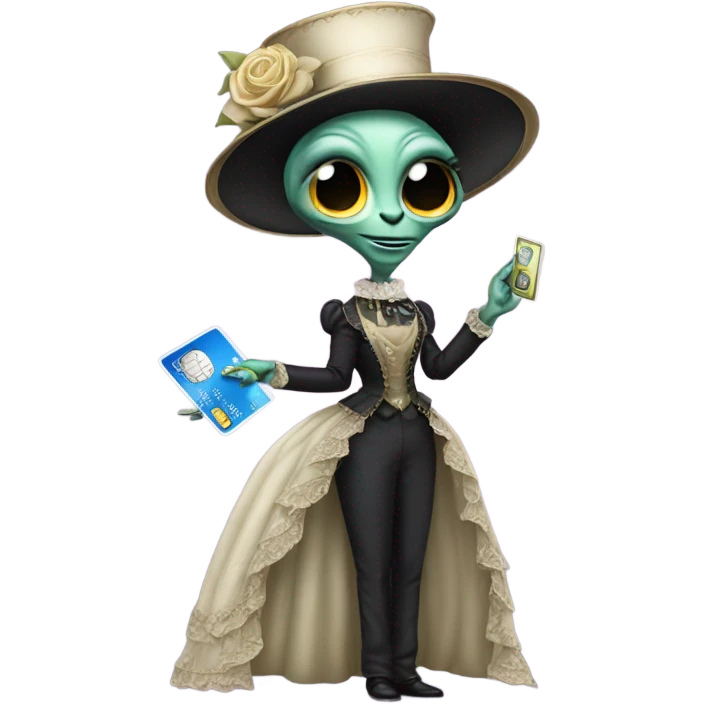 alien galora in Victorian dress elegant, full body, holding big credit card emoji