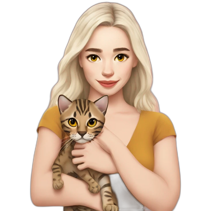 Emilia Clarke holds a Bengal cat with yellow eyes emoji