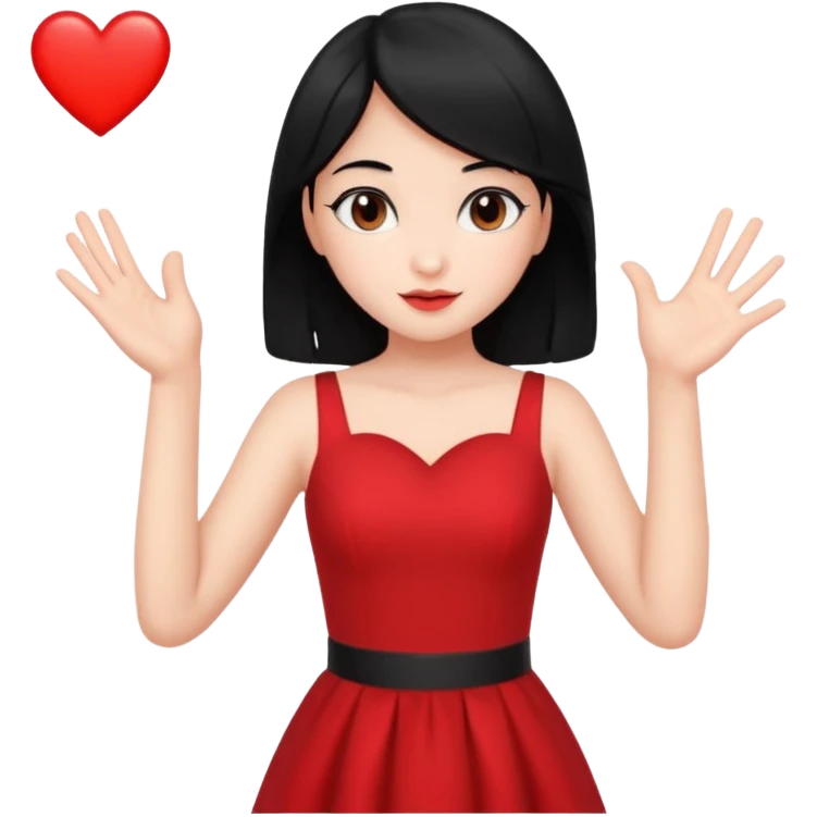Uma menina de cabelo preto com o vestido vermelho mandando coração vermelho emoji