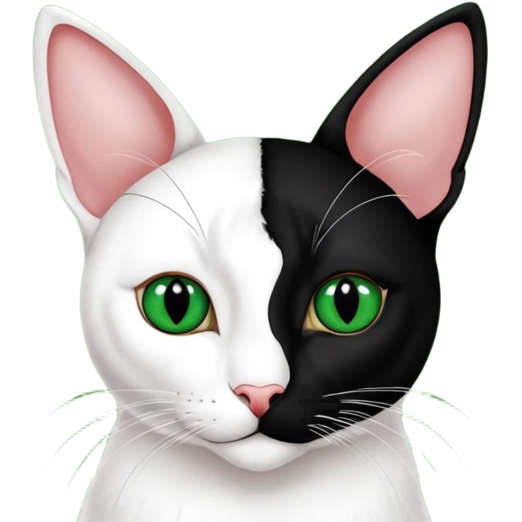 Haz una gata de ojos verdes la cara blanca con mancha negra en las orejas que agarra parte de la frente del lado der pero del iz va desde el ojo hasta la oreja la mancha, tiene la nariz negra en forma de corazón y todo lo que sobra de la cara, barbilla la nariz arriba y el lado de bigotes es blanca emoji