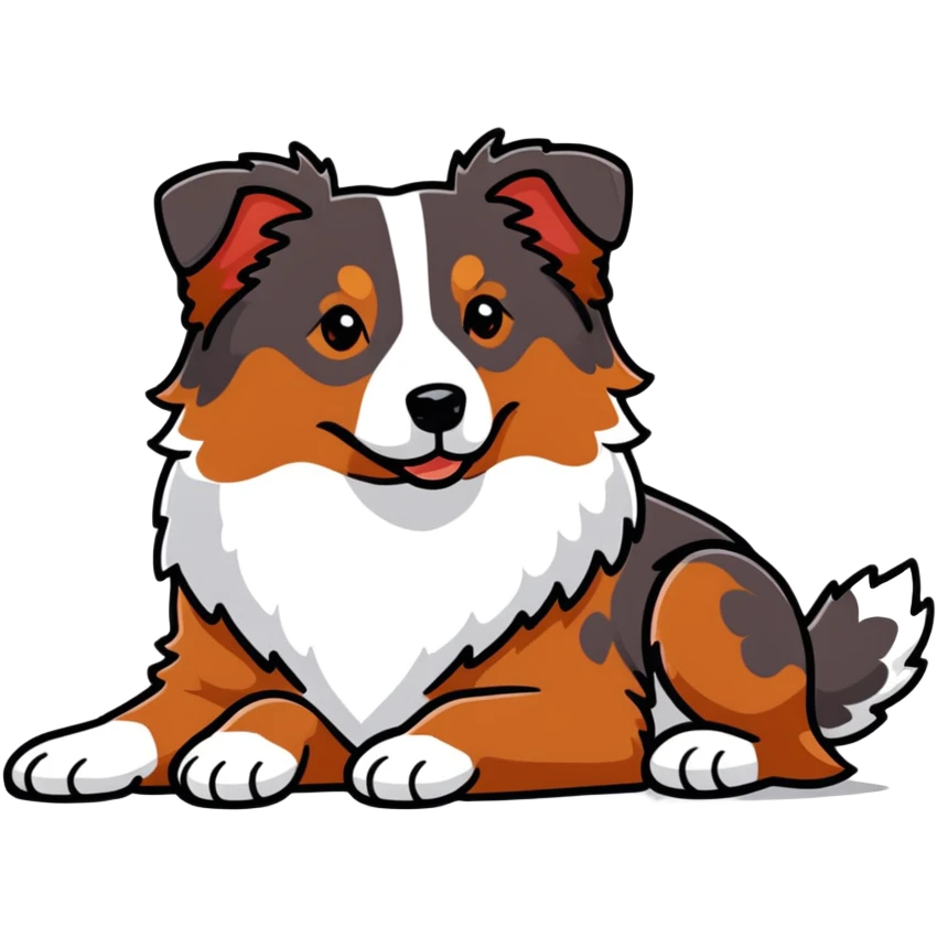 Red merle Australian Shepherd dog laying down, reddish-brown and white spotted coat, fluffy fur emoji