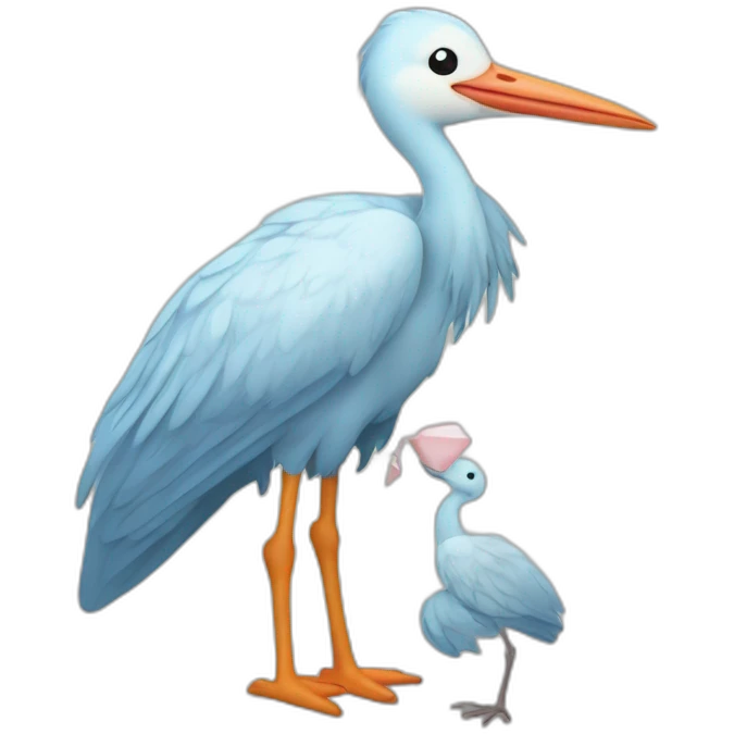 stork carrying a light blue bundle of cloth in its beak that has a human baby with dark hair and the baby face and head is peeking from the cloths bundle the strok is carrying with its beak emoji
