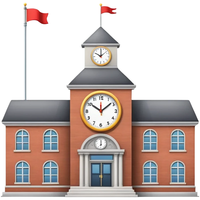 School building with clock on front and flagpole emoji