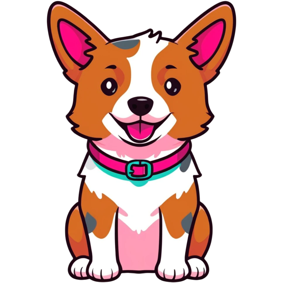 Red heeler cattle dog sitting down facing forward, with a bright pink collar emoji