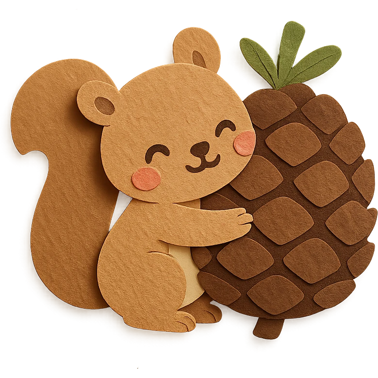 squirrel hugging a giant pine cone, forest kawaii illustration, paper-craft style emoji