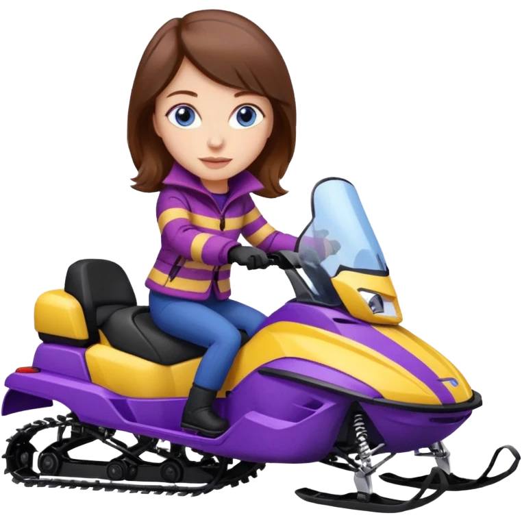 Woman, Brown hair, very blue eyes, wearing a Very red coat  on purple and yellow striped snowmobile emoji
