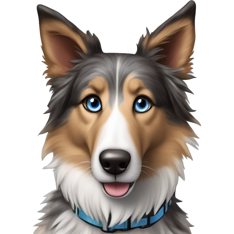  Black spotted brindle fluffy collie husky lurcher fox blue eyes fluffy ears and holographic harness running emoji