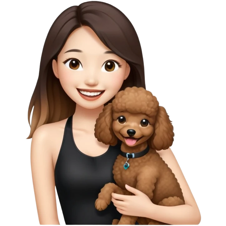 a asian girl with long straight balayage hair, long lashes, laughing, wearing black halterneck top, and holding a brown poodle emoji