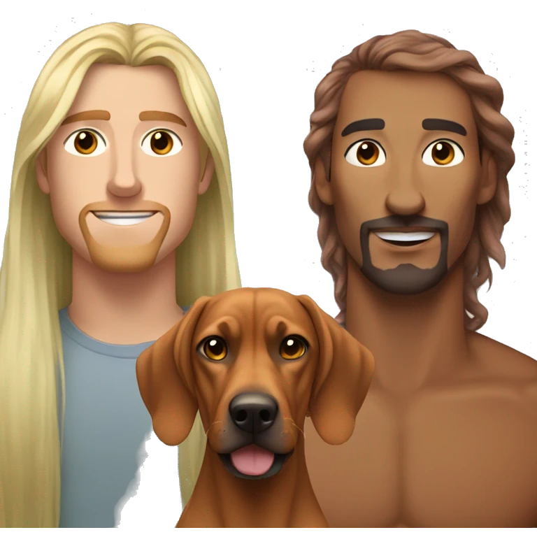 white male with long rainbow colored hair standing alongside a brown rhodesian ridgeback emoji
