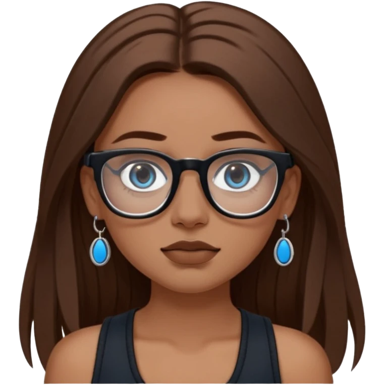 WHITE girl with long brown hair, part going more to the RIGHT side, BLUE eyes, wearing BLACK rectangle plastic frame glasses. SEPTUM nose piercing hoop (at bottom of nose) AND stud nose piercing on right side of nose. Wearing BLACK tank top. emoji