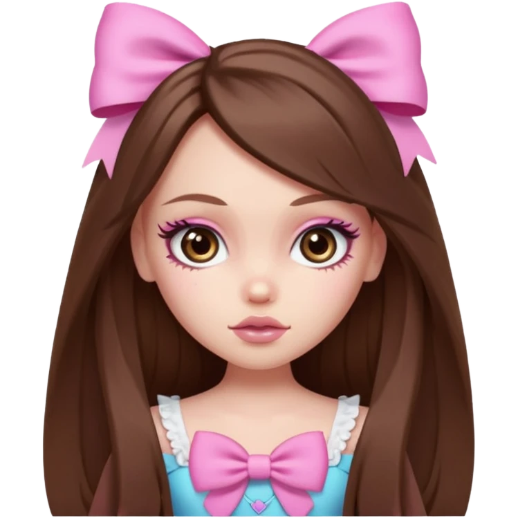 pretty bratz baddie, brown long hair, pale skin, pink aesthetic bow emoji