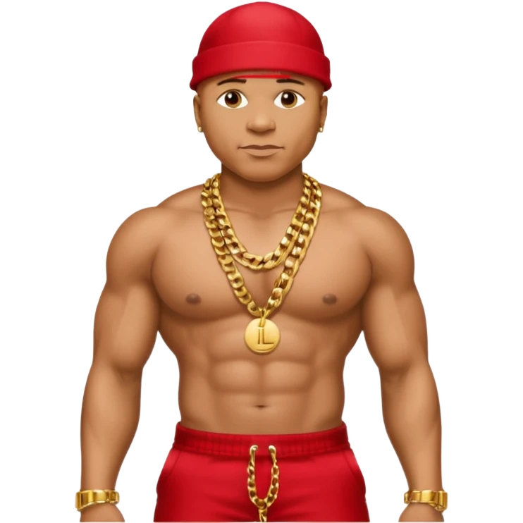LL Cool J with shirtless with necklace, metallic red pants emoji