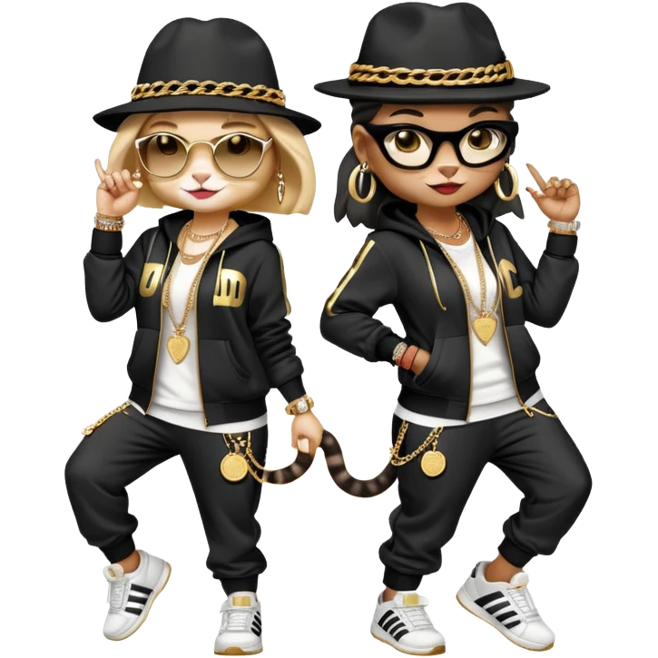 female cat wearing Run DMC hip-hop outfit with tracksuit, fedora, Adidas sneakers, many gold chains, rings, bracelets, flashy earrings, dancing with a friend, no sunglasses emoji
