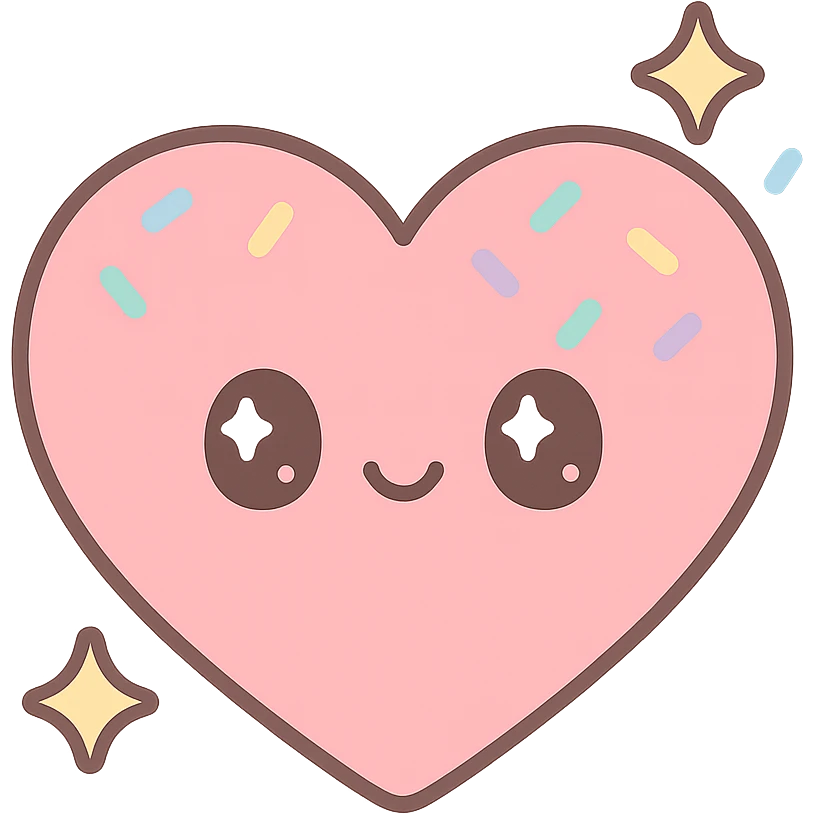 a pink heart with sparkling stars and rainbow sprinkles, cute and cheerful emoji