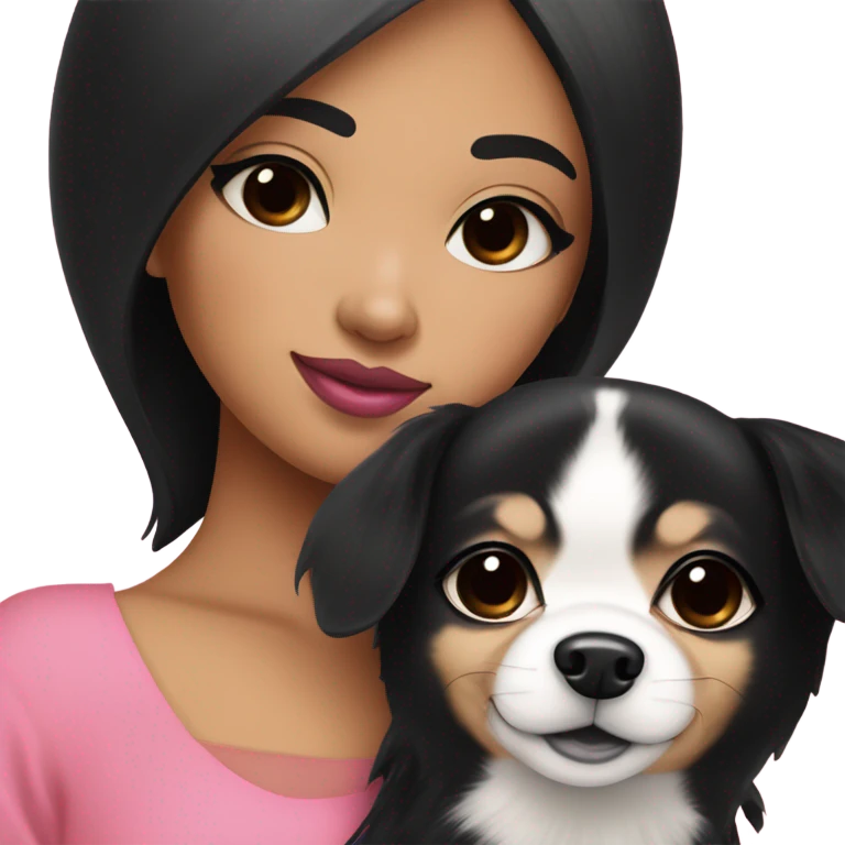 Thick medium black hair with black eyes and pink lip and pink cheek Filipino lady hugging black and white Chihuahua  emoji