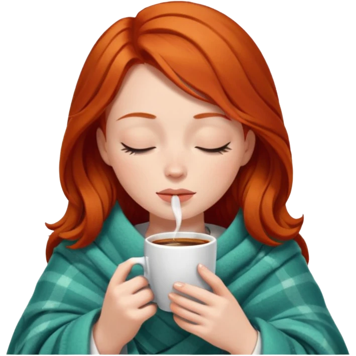 Redhead girl inside a blanket sipping coffee eyes closed emoji