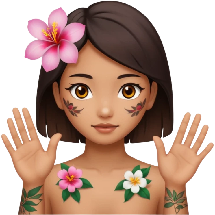 make me an image of a girl from hong kong with brown eyes and a hong kong flower tattoo on her back flipping off the camera emoji