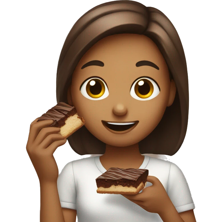 A girl eating a brownie emoji