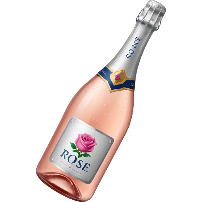 bottle of sparkling rosé with a rose logo on the label, tilted to the left, no glass emoji