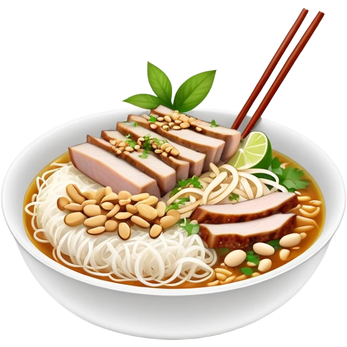 A bowl of Vietnamese Bún Thịt Nướng - rice vermicelli noodles with grilled pork, herbs, bean sprouts, and fish sauce emoji