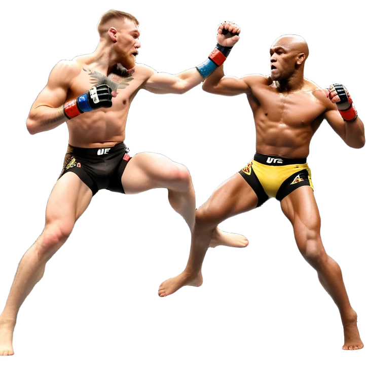 An MMA showdown between Conor McGregor and Anderson Silva in the octagon. McGregor is executing a jumping strike, while Silva skillfully deflects the attack. The background shows the UFC octagon with roaring fans and vibrant energy. Transparent background. emoji