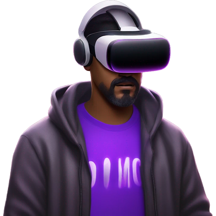 Big Lebowski wearing a black hoodie with "OMG" letters on it and VR headset oculus quest 2 in a cyberpunk VR environment with violet neon lighting. emoji