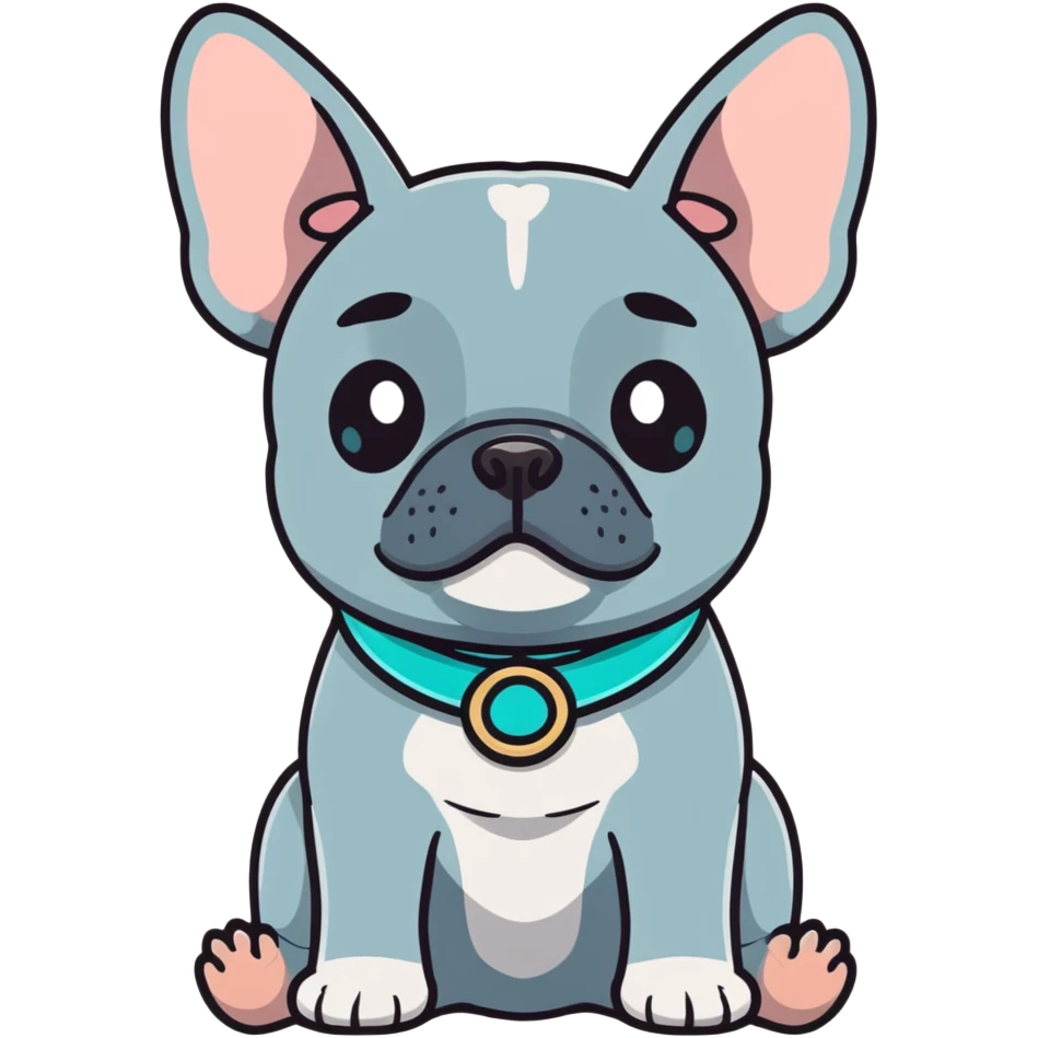 Grey French bulldog with turquoise collar sitting facing forward emoji