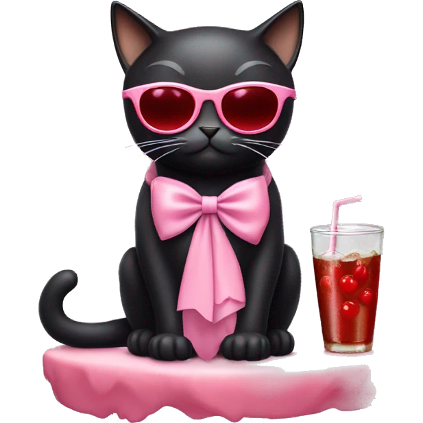 A black cat wearing a little light pink bow, red oval sunglasses, and drinking a cherry cola  emoji