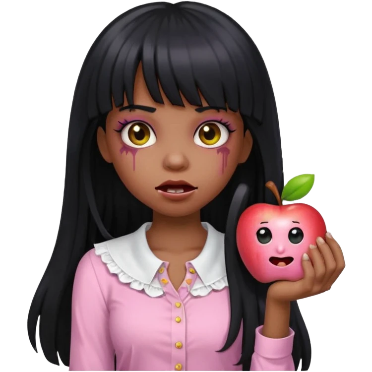 emoji apple light skinned black zombie girl with long black hair and bangs with a light pink blouse  emoji