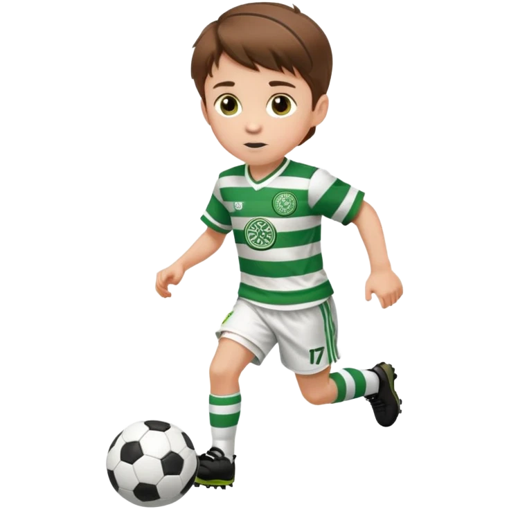 Celtic footballer jersey logo  6 years old brown hair white boy , brown eyes , stripes uniform , RUNNING  with soccer ball # 17 celtic football logo PUT ONLY ONE LOGO ONE CELTIC LOGO ONLY white shorts emoji
