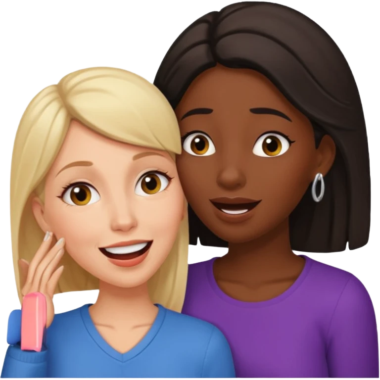 Devious cheerful white woman whispers in surprised embarrassed black woman's ear. emoji