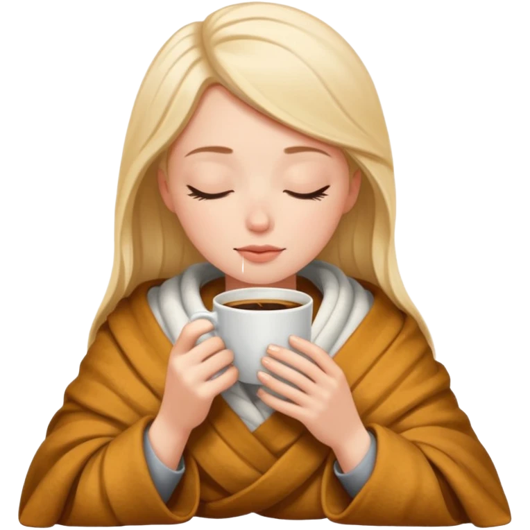 White Girl inside a blanket sipping coffee eyes closed emoji