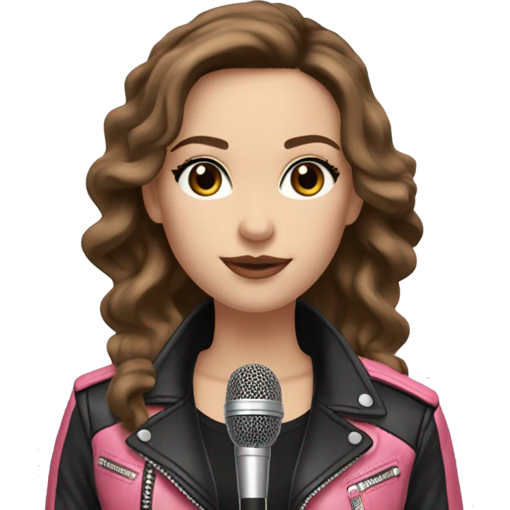 Pretty White Woman, Long Brown Wavy Hair, Brown Eyes, with black eyeshadow Wearing A Pink top and a Black Leather Jacket, holding a microphone  emoji