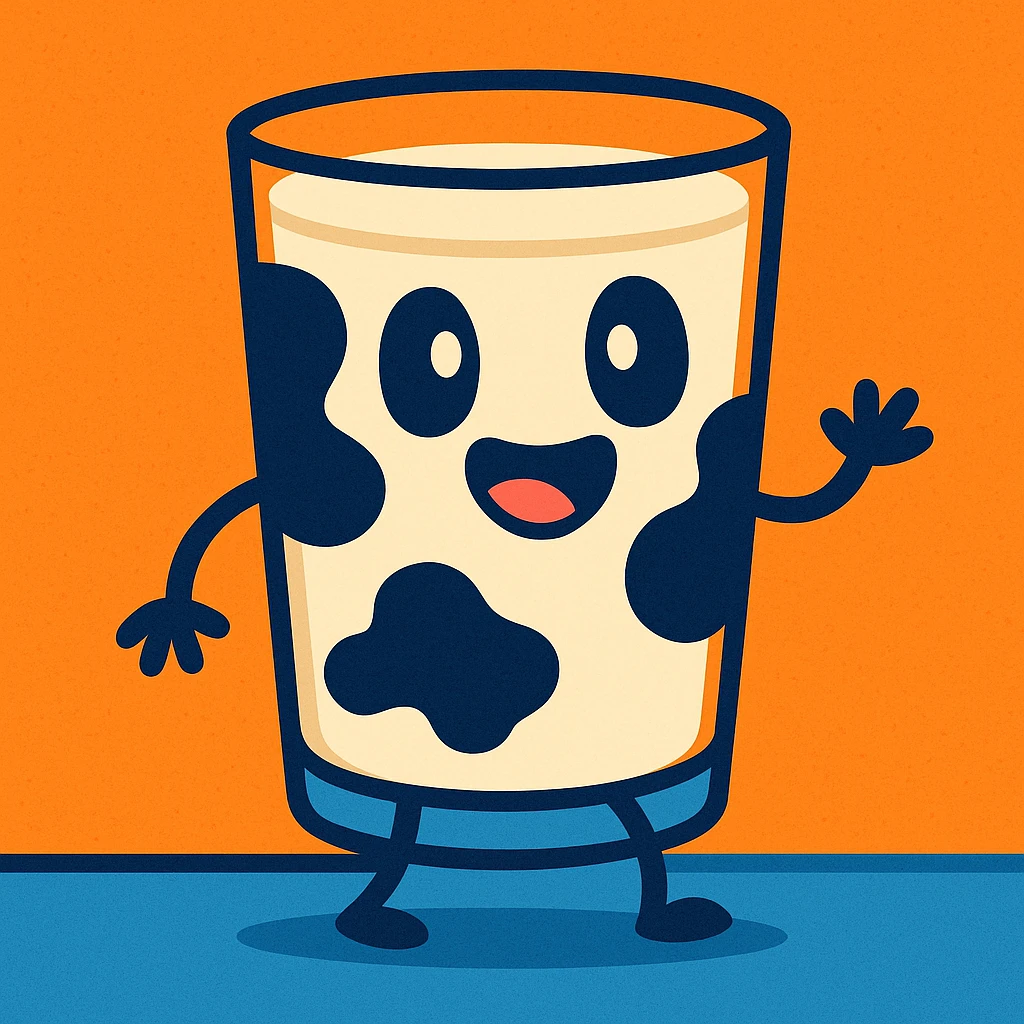 a glass of milk with cow spots, cartoon style emoji