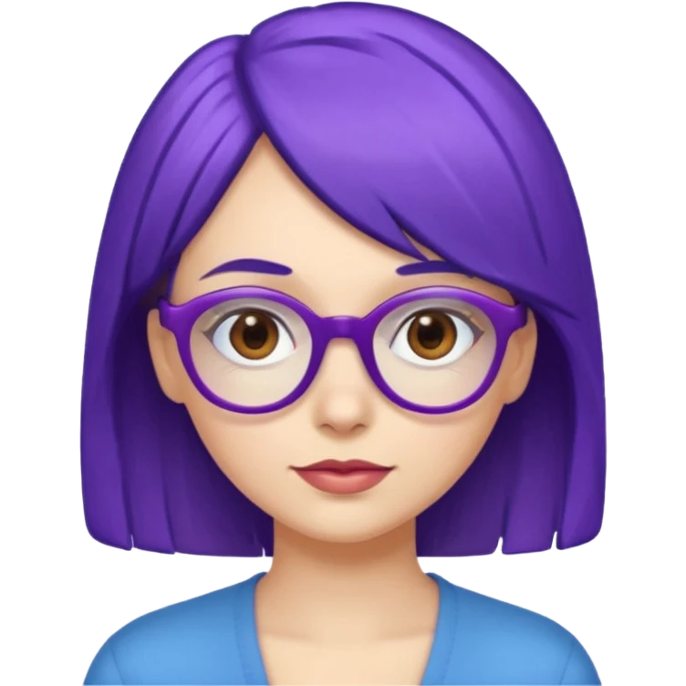 Cartoon adult woman with purple glasses, brown eyes, and blue medium length hair emoji