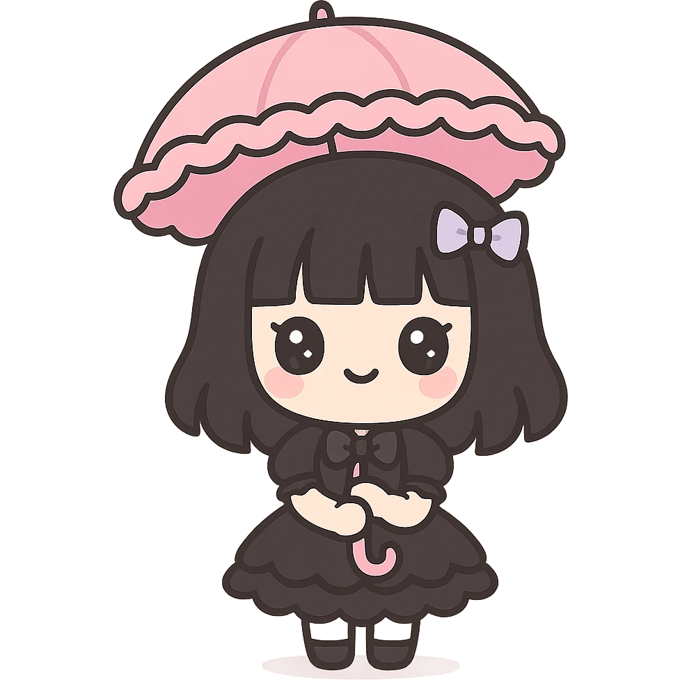 goth girl, pale skin, black hair, gothic lolita dress, umbrella, kawaii style emoji