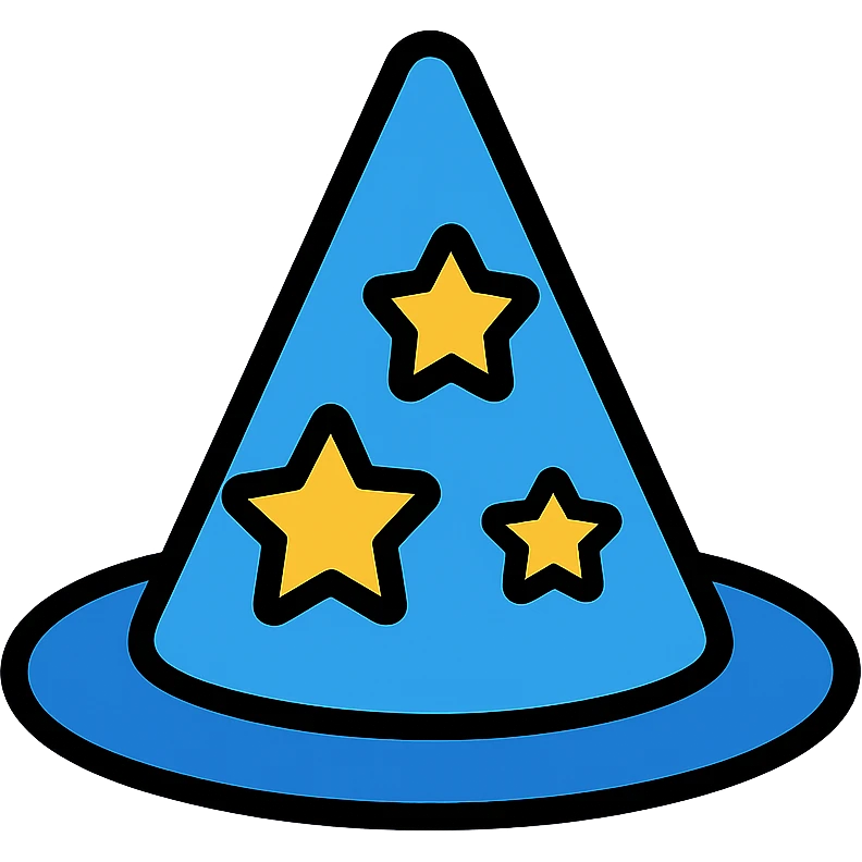 Blue wizard hat with stars, magical conical hat with wide brim emoji