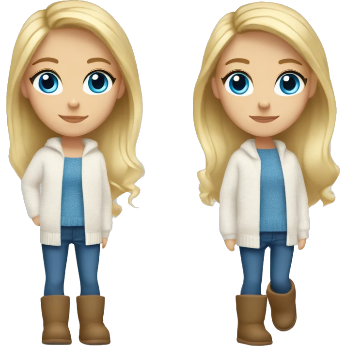 Blond girl with blue eyes and a white fall sweater and blue jeans and Ugg shoes  emoji