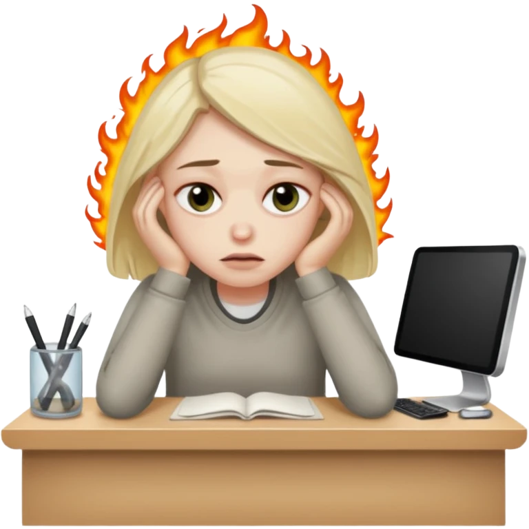 person with dark circles under eyes, slouched at desk, overwhelmed and burned out, iOS emoji style emoji