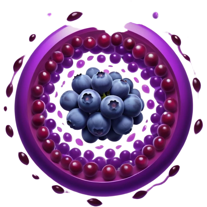 Blueberries, pomegranate, purple grapes, and dark chocolate floating in a bright purple vortex. A glowing shield surrounds cells, dissolving dark shadow particles representing free radicals. The protective light extends throughout the body, showing antioxidants' protective effects. emoji
