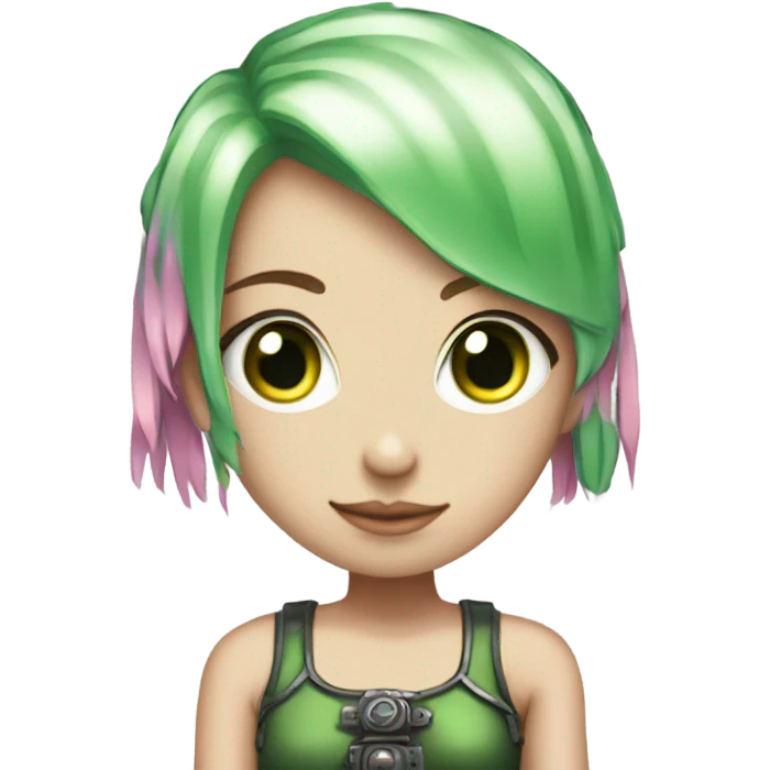 light-skinned girl, 1girl, pink hair, short pink hair, steampunk, green eyes, green swimsuit, robotic left arm emoji