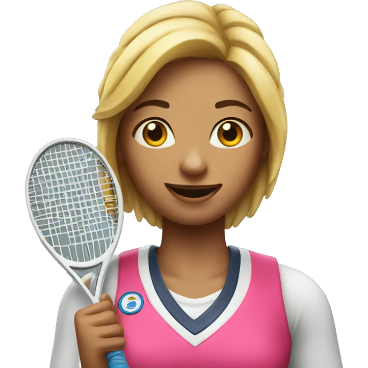 A woman holding a teniss racket and having a 1st place medal emoji