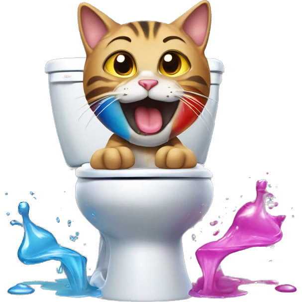 Tabby cat stands on the toilet and pours a large amount of colored water from its mouth emoji