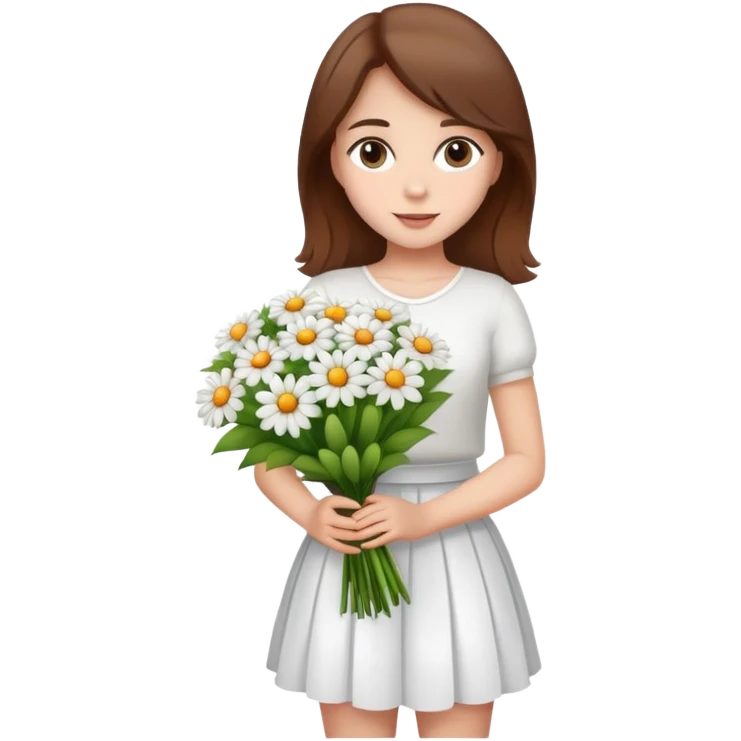 girl with brown hair wearing a white skirt holding a bouquet of flowers emoji